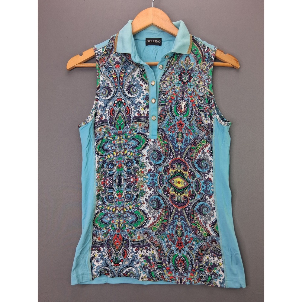 Golfino Sleeveless Polo Shirt Paisley Print Size 6 US Blue Golf Tennis Top 1858